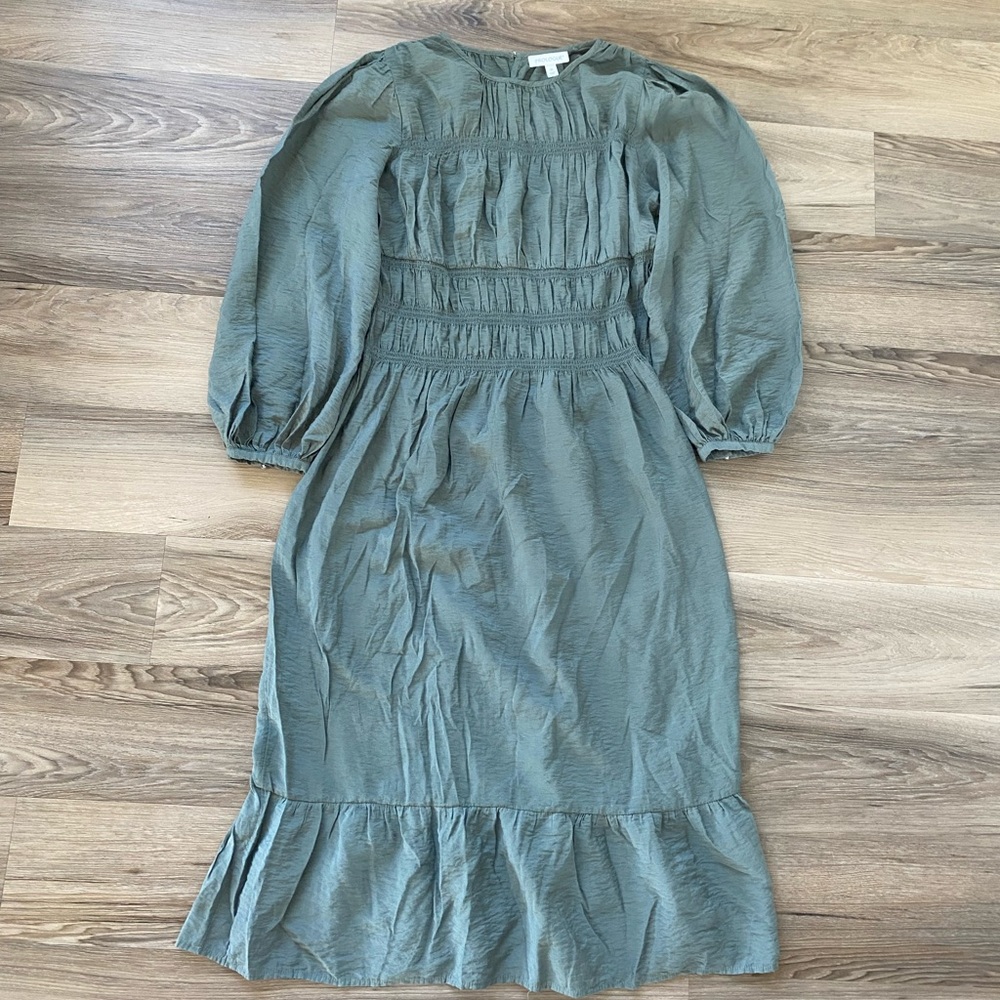 Prologue Sage Green Long Sleeve Smocked Midi Dress